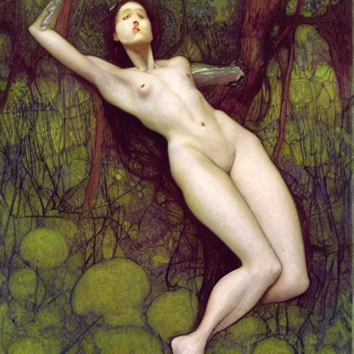 Image similar to beautiful female ant/woman hybrid with a perfect body, lounging in the Marian forest at dusk, by Edgar Maxence and Ross Tran and Michael Whelan and Gustav Klimpt