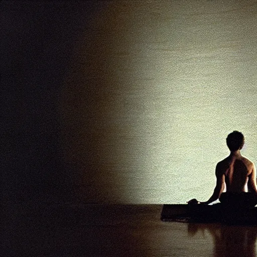 Prompt: movie scene of a man meditating, movie still, cinematic composition, cinematic light, criterion collection, reimagined by industrial light and magic, Movie by David Lynch and Ridley Scott