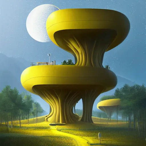 Image similar to futuristic yellow house on a hill with big trees, multiple moons, dramatic lighting, artstation, matte painting, raphael lacoste, simon stalenhag, frank lloyd wright, zaha hadid