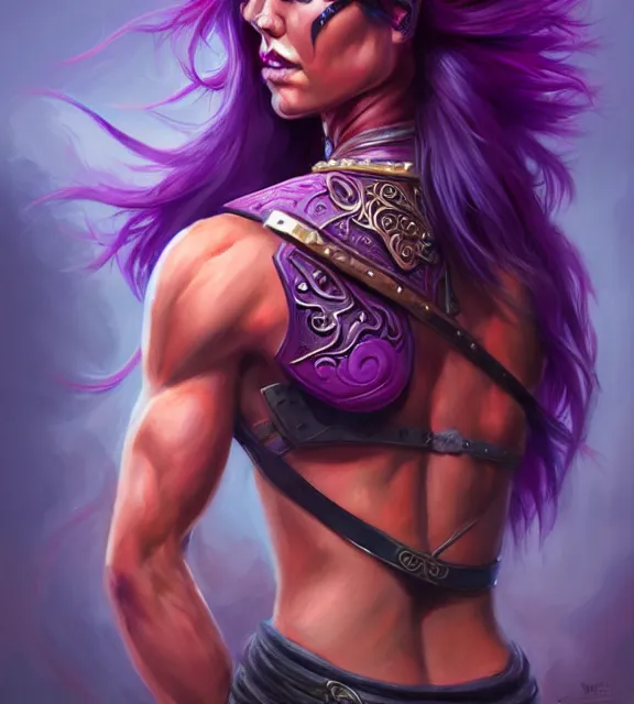 Prompt: muscular female warrior holding hilt of dagger, perfect face, diadem, neon tattoos, black halter top, purple hair, abs, cinematic, blush, stunning, athletic, strong, agile, highly detailed, psychedelic, digital painting, artstation, smooth, hard focus, illustration, art by jessica rossier and and brian froud