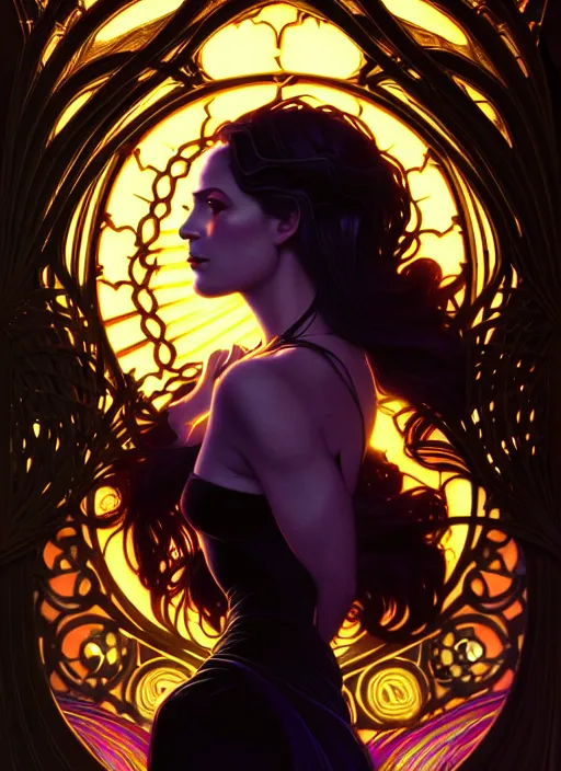 Image similar to e - book cover, side portrait, dark witch with black hood and evil eyes, realism, soft, smooth, luminescent, art nouveau tarot, backlit glow, colorful swirly ripples, gaudy colors, aesthetic octane render, unreal engine, 8 k, by artgerm, greg rutkowski, alphonse mucha