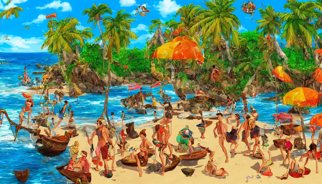 Image similar to a tropical beach scene, The curse of monkey island, high detail, colorful