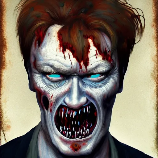 Image similar to color head portrait of conan o'brien as a zombie, 7 days to die zombie, gritty background, fine art, award winning, intricate, elegant, sharp focus, cinematic lighting, digital painting, 8 k concept art, art by michael hussar, art by brom, art by guweiz and z. w. gu, 8 k