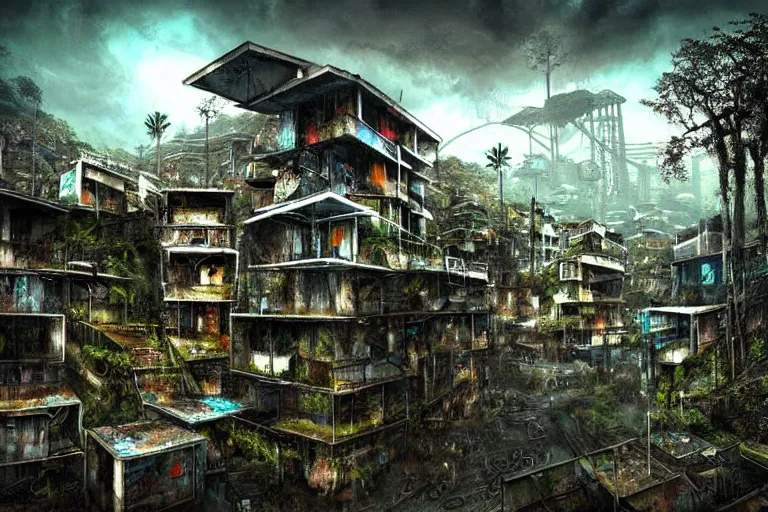 Prompt: favela winding cybernetic hive, wooded environment, industrial factory, haunting, award winning art, epic dreamlike fantasy landscape, ultra realistic,