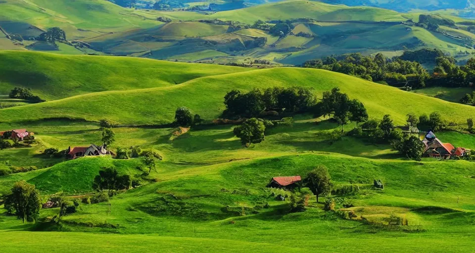 Prompt: verdant valley and rolling hills reminiscent of hobbiton, the lord of the rings