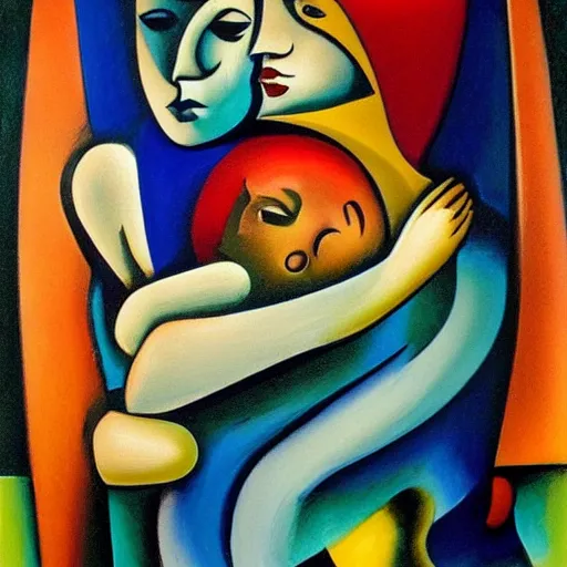 Prompt: woman hugs a child in the moonlight protecting him from the gathering storm, high quality art in the style of cubism and georgia o’keefe,