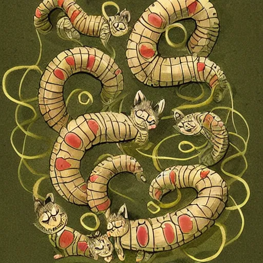 Image similar to fantasy illustration of cute, kitten-sized, tut-krogh caterpillars that spin a magic silk