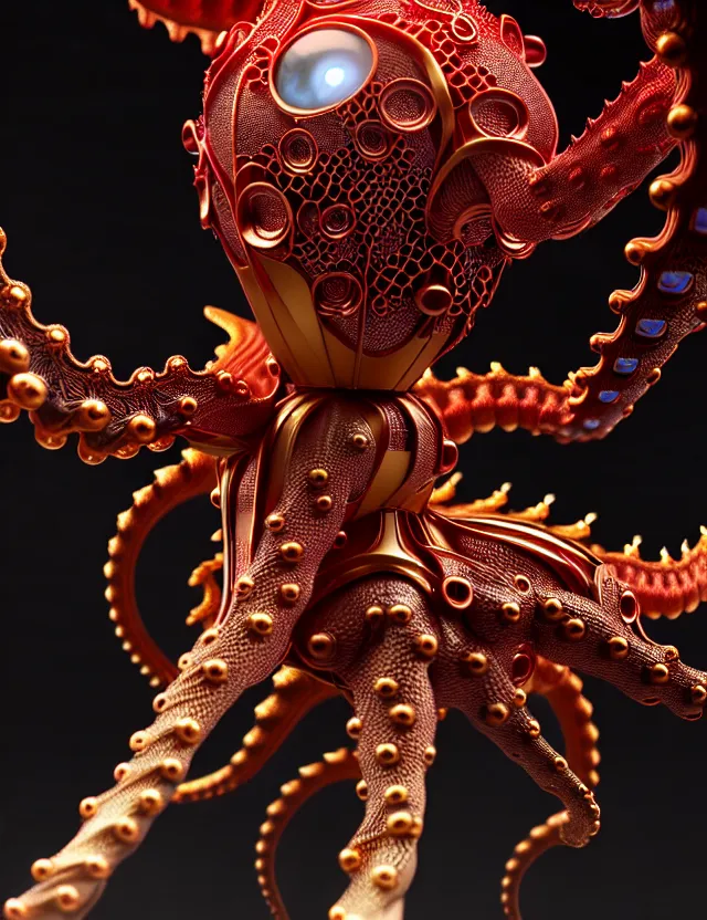 Prompt: complex 3 d render of a beautiful porcelain robot - octopus. red gold and black, fractal veins. dragon cyborg, 1 5 0 mm, beautiful natural soft light, rim light, gold fractal details, fine lace, mandelbot fractal, anatomical, glass, facial muscles, elegant, ultra detailed, metallic armor, octane render, depth of field