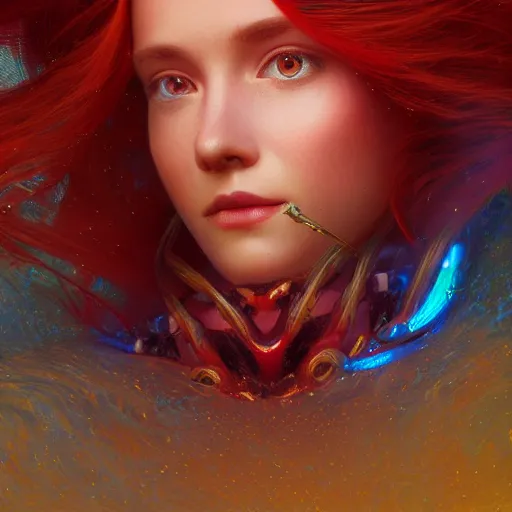 Image similar to highly detailed portrait of a red-haired young woman wearing a futuristic blue tunic, floating in a field of glowing golden tentacles, octane render, trending on artstation, by Artgerm,Greg Rutkowski,Alphonse Mucha, 4k resolution