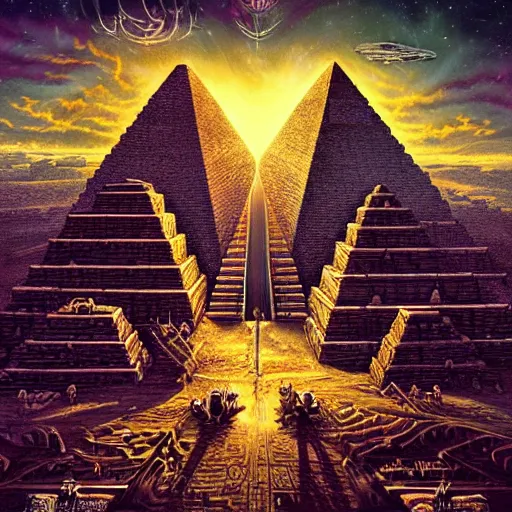 Prompt: the anunnaki gods have returned to the pyramids. a cover of a death metal LP, highly detailed, art, dark and grungy, 4k, 8k, trending on artstation, style of dan mumford and Andrew Ferez