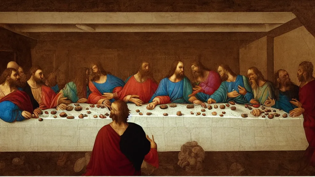 Image similar to Boris!!! Johnson!!! in the ((last supper)) by Leonardo, there is a party in the background and face masks on the table