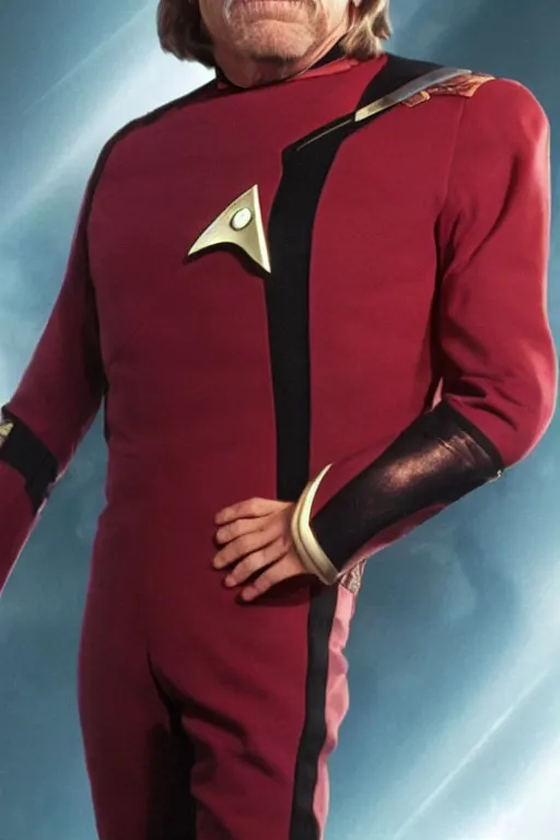 Prompt: photorealistic!! mark hamill as a star trek captain, red starfleet uniform, film quality