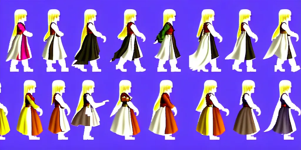 Image similar to walking cycle sprite sheet of a girl in a renaissance dress, walking to the right, each sprite is a different frame of the animation, in the style of final fantasy games, side view of her taking steps, accurate walk cycle, walk cycle, walk cycle, peasant clothes, always wearing the same clothes