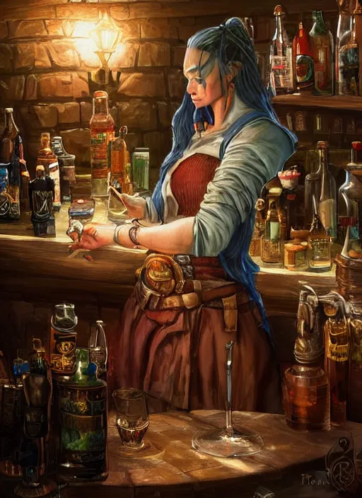 Image similar to barkeep in a tavern, ultra detailed fantasy, dndbeyond, bright, colourful, realistic, dnd character portrait, full body, pathfinder, pinterest, art by ralph horsley, dnd, rpg, lotr game design fanart by concept art, behance hd, artstation, deviantart, hdr render in unreal engine 5