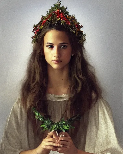 Image similar to a shadowy portrait painting of a shy 1 6 - year old alicia vikander as santa lucia at christmas wearing a holly wreath as a crown with candles, lit only by candlelight in the darkness, intricate, elegant, highly detailed, artstation, concept art, by krenz cushart and donato giancola and william adolph bouguereau and alphonse mucha