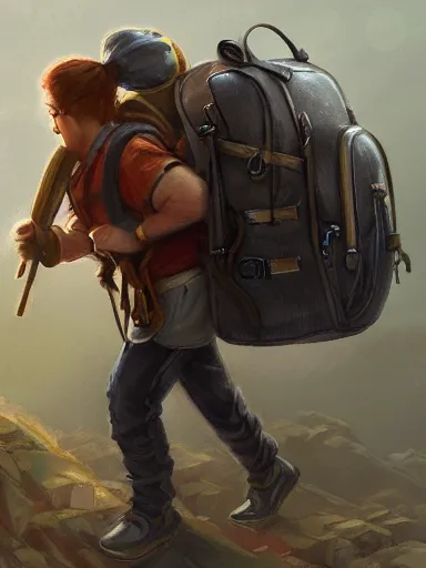 Image similar to a tinker carrying a giant backpack, full of trinkets and stuff heavy backpack. intricate, elegant, highly detailed, digital painting, artstation, concept art, sharp focus, illustration, by justin gerard and artgerm, 8 k