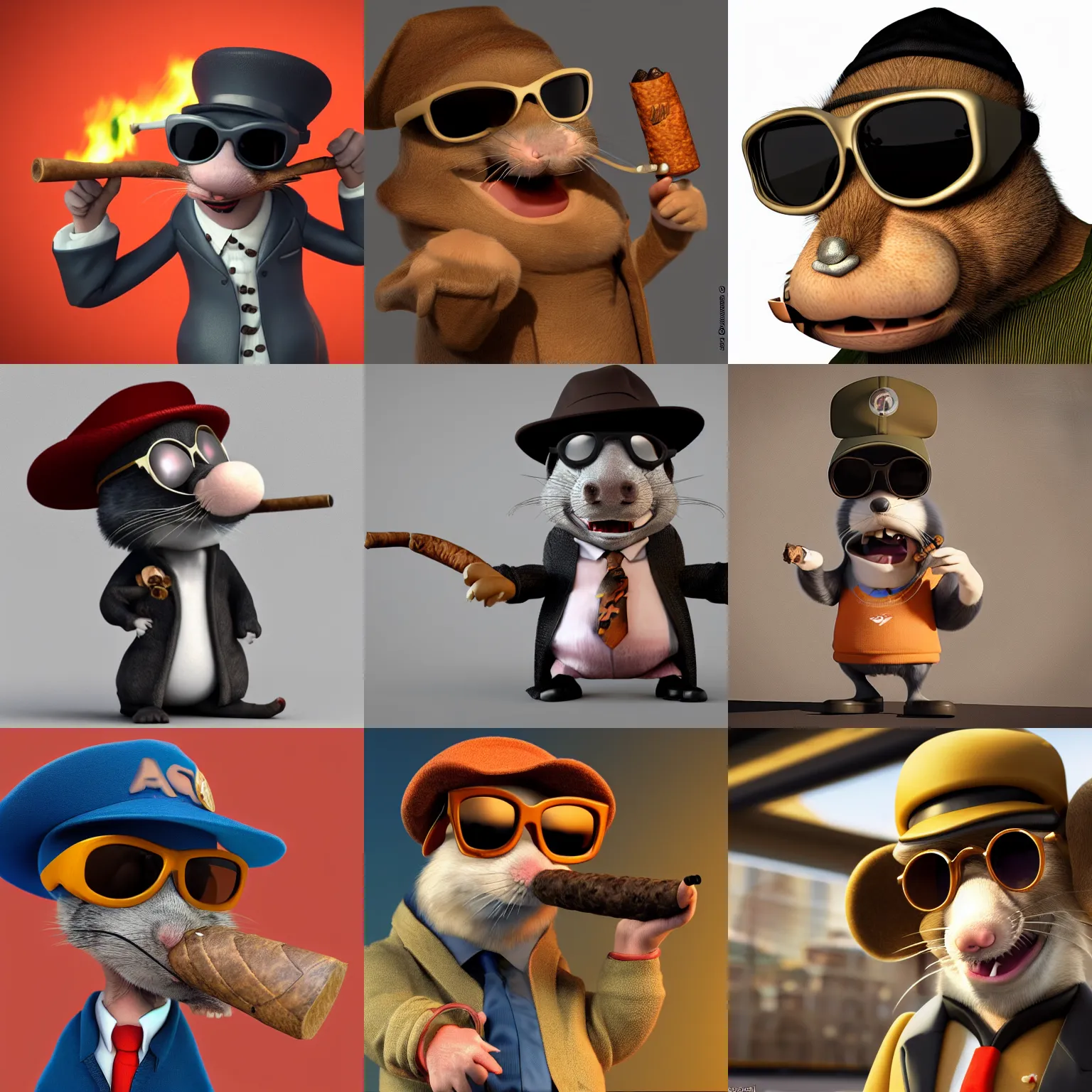 Prompt: anthropomorphic gangster rat smoking a massive cigar, wearing sunglasses and a cap, long fur, anthropomorphic rat, detailed, 3d render, 4k, pixar