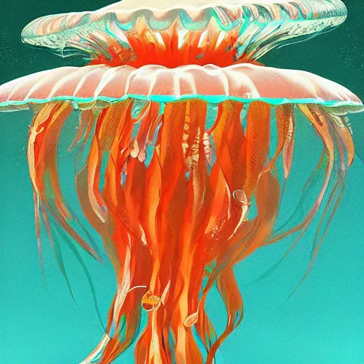 Image similar to ilya kuvshinov and katsuhiro otomo style jellyfish in a bright ocean, deep focus, fantasy, intricate, elegant, highly detailed, digital painting, artstation, concept art, matte, sharp focus, illustration