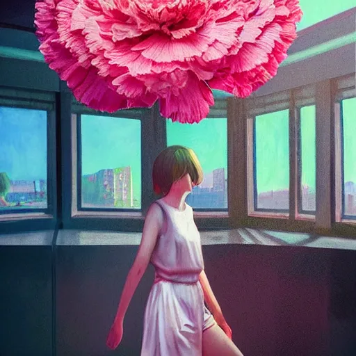 Image similar to giant carnation flower head, woman walking next to modern window in luxury apartment, surreal photography, sunlight, impressionist painting, digital painting, artstation, simon stalenhag