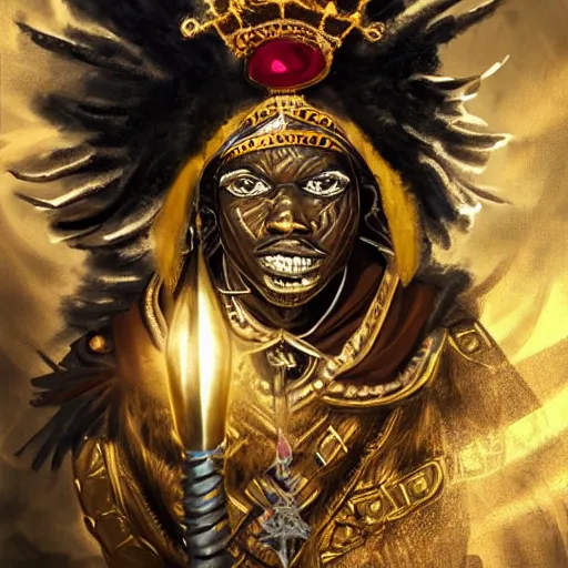 Image similar to a young black boy dressed like an african moorish warrior in gold armor and a crown with a ruby, and a very ornate glowing electric spear!, for honor character digital illustration portrait design, by android jones in a psychedelic fantasy style, dramatic lighting, hero pose, wide angle dynamic portrait