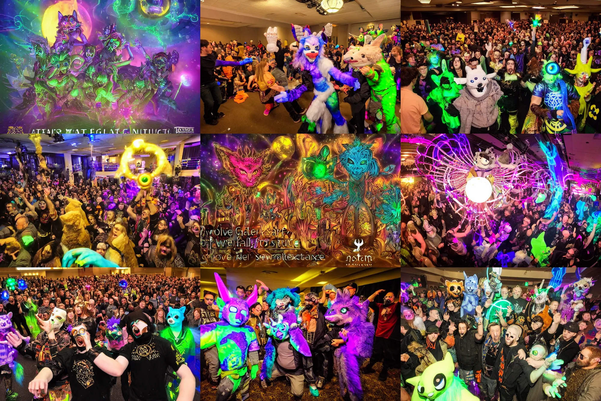 Prompt: Photo taken at Midwest FurFest's yearly fursuiter ritual/rave to keep the Astral Gate closed and hold the World-Eater at bay and so allow a new year to come. Numinous manifestation levels were at record high, resulting in several existential topological defects being breached alongside their concordant cosmological spacetime tearing, but the experienced convention organizers found levels manageable with the ultimate count of quantum over-entanglements and sundering ranging between an occurrence of St. Elmo's fire and a sustained incidence of upper-atmospheric lightning.