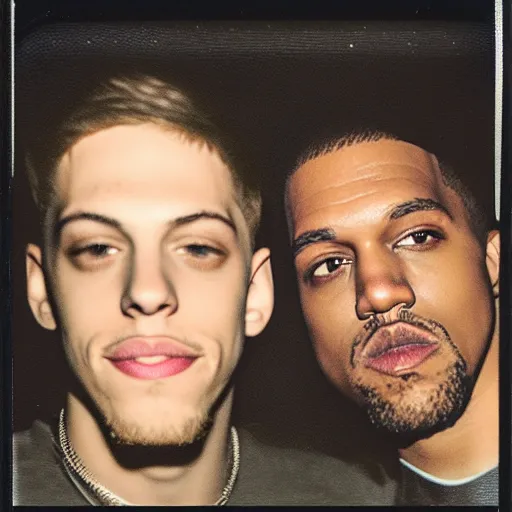 Image similar to Polaroid photograph of pete Davidson and kanye in a club, blurry, XF IQ4, 150MP, 50mm, F1.4, ISO 200, 1/160s, Adobe Lightroom, photolab, Affinity Photo, PhotoDirector 365,