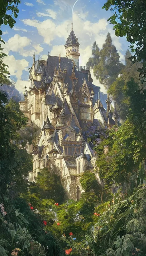 Image similar to castle seen from the sky, cyberpunk, design on white background, beautiful details, lush foliage, drawn by john singer sargent, tom bagshaw, norman rockwell, alphonso mucha, lolish, trending on artstation