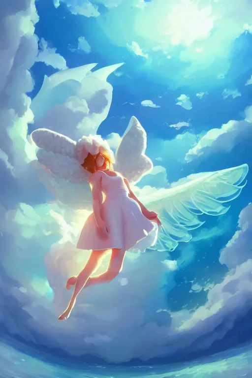 Image similar to a very cute sea slug angel, by rhads, makoto shinkai and lois van baarle, johannes voss, low angle fisheye view, sky whith plump white clouds, elegant, highly detailed, artstation, 8 k, unreal engine, hdr, concept art, volumetric lighting matte