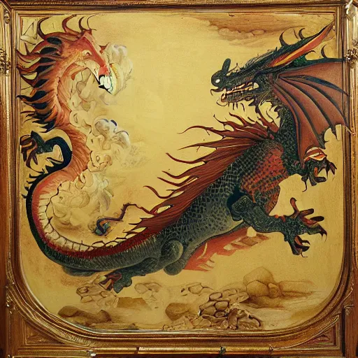 Image similar to dragon breathing fire, renaissance oil painting, 8 k, highly ornate intricate details, extreme detail,