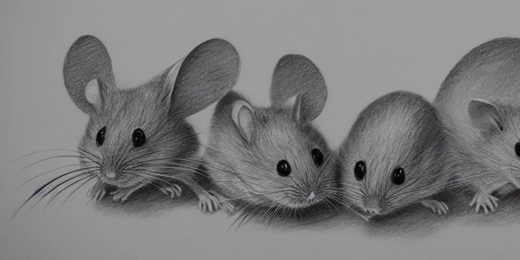 Image similar to a beautiful pencil drawing of exactly three!!!!! cartoon mice; masterpiece; extremely highly detailed; ultra-realistic; trending on artstation