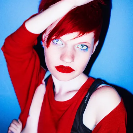 Image similar to photograph, closeup portrait of a young pale woman with short red hair in a dark room, blue eyes, wearing red flannel, flash photography, indoor setting, high contrast, sharp, portra 4 0 0, photographed by terry richardson, trending on tumblr,