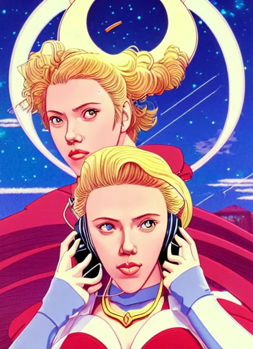 Prompt: perfectly centred realistic picture of scarlett johansson as a sailor moon, calls on the phone at futuristic office, highly detailed, 8 0 - s style poster, sharp focus, illustration, art by kawase hasui,