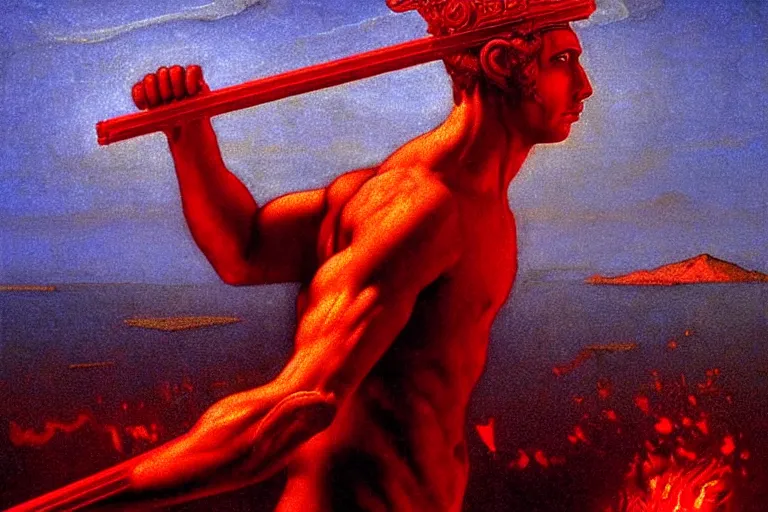 Image similar to only with red, a red melted apollo with a laurel wreath and a flaming sword announce the win, athens in the background, in the style of beksinski, part by hopper, part by rodcenko, part by hofbauer, intricate composition, red by caravaggio, insanely quality, highly detailed, masterpiece, red light, artstation