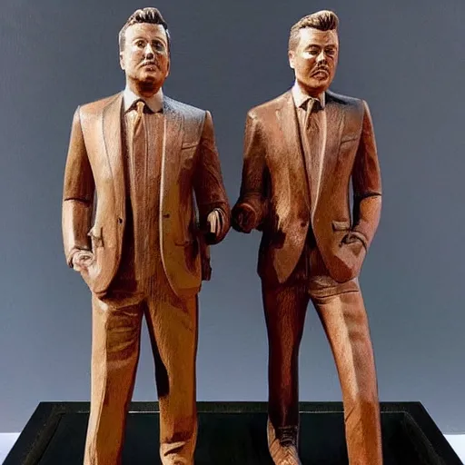 Image similar to “elon musk and amber heard statue made of wood, overlooking a courtroom, highly detailed, intricate”