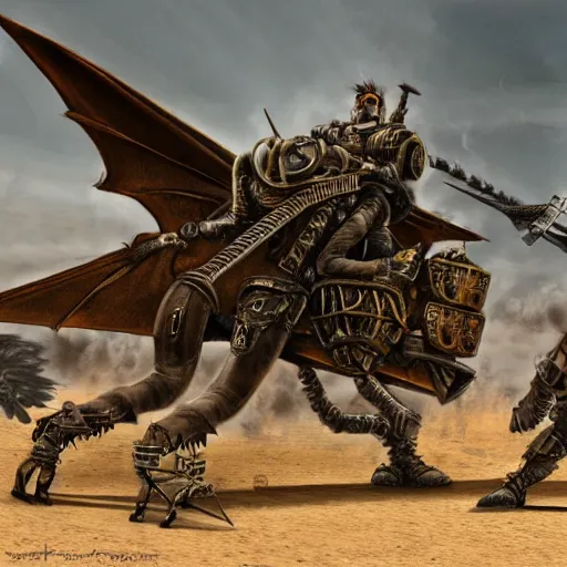 Image similar to warriors on wyverns with steampunk armor flying in a post apocalyptic street inspired by mad max, Oulan-Bator, photorealism 8k , high details