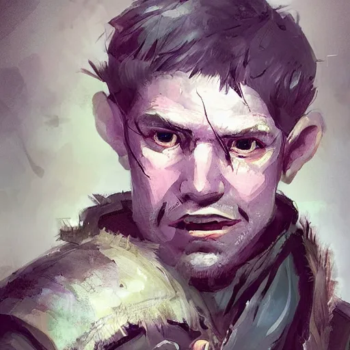 Image similar to duergar male child character portrait with pale purple skin, by Ismail Inceoglu, shabby clothes, leather pouch, wielding knife, grinning, youthful, dungeons and dragons, digital art, art