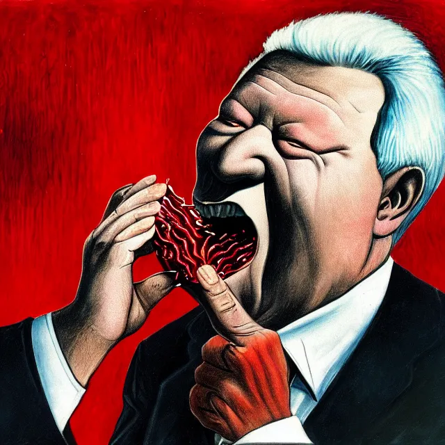 Image similar to boris yeltsin pours lead into the mouth of a sinner in hell, scary art in color