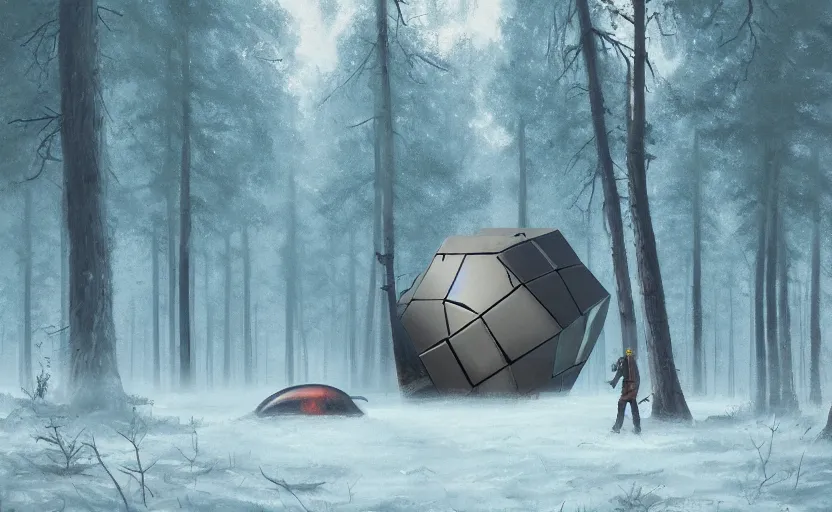 Image similar to a giant metallic cube on the ground in the forest, realistic sci-fi painting by simon stålenhag, digital art, trending on artstation