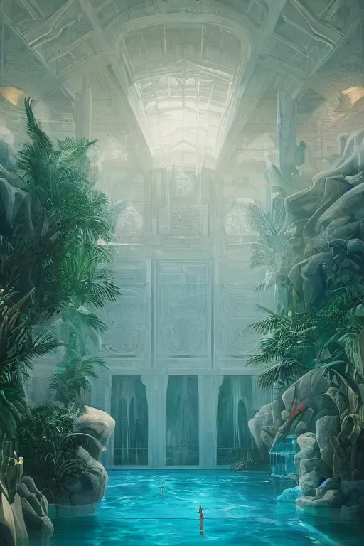 Prompt: detailed interior of a vaporwave pool, white marble walls, palm vegetation, light shafts, stunning atmosphere, in style of peter mohrbacher, cinematic lighting, high detail, cinematic feel