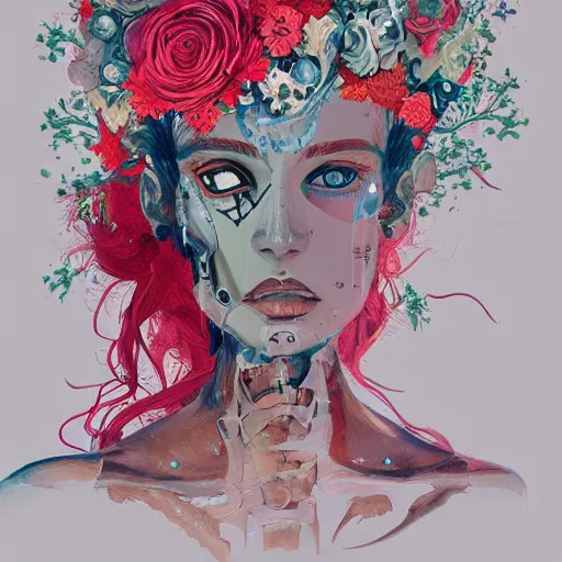 Image similar to surreal gouache paintingby conrad roset, female mechanical android head with flowers growing out, portrait, cgsociety, artstation, rococo mechanical costume and grand headpiece,