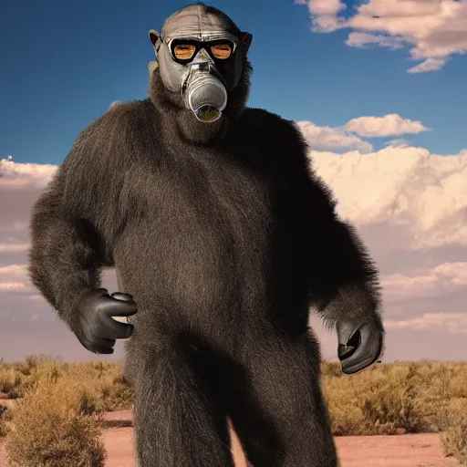 Prompt: A realistic photo of Walter White wearing a gorilla suit with a gas mask, cinematic lighting, New Mexico desert