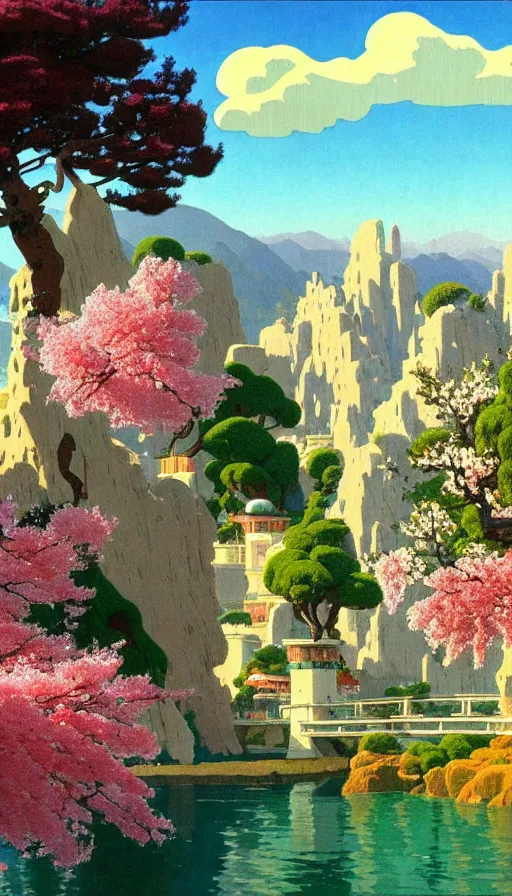 Image similar to ghibli illustrated background of strikingly beautiful west hollywood, california, with strange rock formations acastle is seen in the distance, and red water and cherry blossoms by vasily polenov, eugene von guerard, ivan shishkin, albert edelfelt, john singer sargent, albert bierstadt 4 k