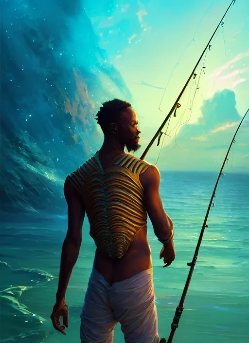 Prompt: portrait of a male jamaican fisherman sci - fi glowing fishing armor fishing rod cyberpunk muscular intricate elegant highly detailed digital painting artstation concept art, ocean background, reggae colors, cinematic, greg rutkowski, loish, rhads, ferdinand knab, makoto shinkai and lois van baarle, ilya kuvshinov, rossdraws, tom bagshaw