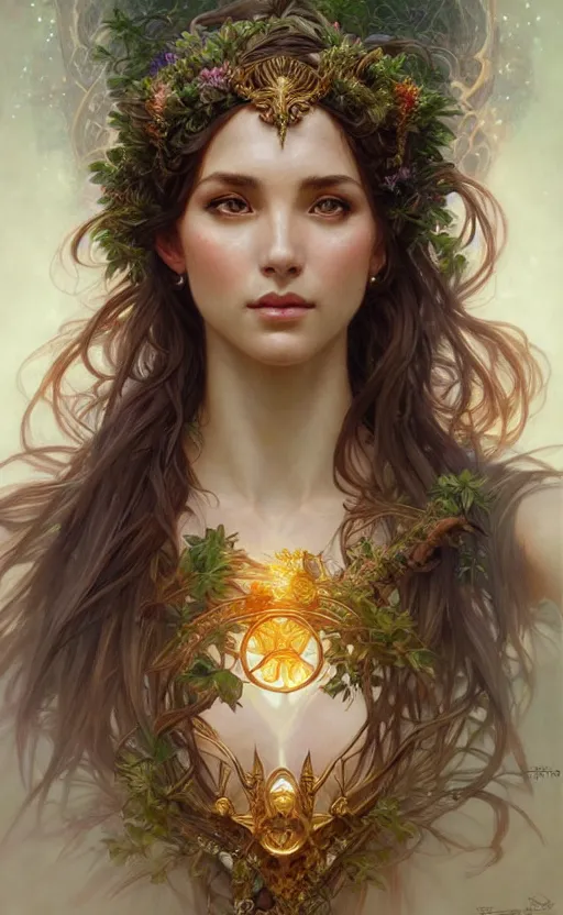 Prompt: portrait of a goddess of nature!, half body, perfect face!!, d & d, fantasy, intricate, elegant, highly detailed, digital painting, artstation, concept art, smooth, sharp focus, illustration, art by artgerm and greg rutkowski and alphonse mucha