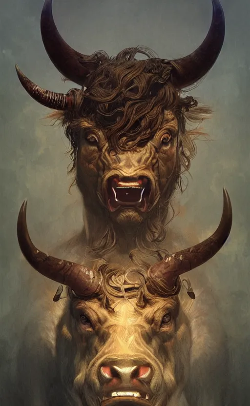 Image similar to a detailed portrait of minotaur, monster half child half bull, concept art, deep focus, intricate, highly detailed, digital painting, artstation, matte, sharp focus, illustration, art by greg rutkowski and alphonse mucha