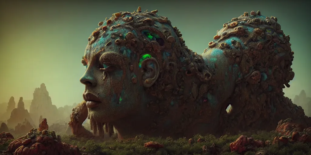 Image similar to ancient giant dead god made entirely of opal in desolate and lush landscape, moody, :: by James Jean, Jeff Koons, Dan McPharlin Daniel Merrian :: ornate, dynamic, particulate, rich colors, intricate, elegant, highly detailed, centered, artstation, smooth, sharp focus, octane render, 3d