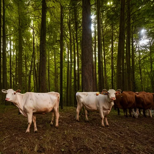 Image similar to DLSR photograph of several cows looking at the camera, in creepy forest, night-time, low lighting, eyes glinting