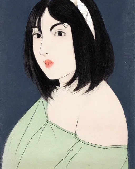 Prompt: a portrait of a young woman with shoulder length black hair, dark eyes, thick eyebrows, slightly chubby, pale skin, pretty, cute, by nakamura asumiko