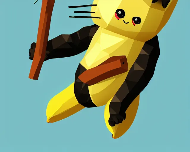 Image similar to a banana with a face of a cat and sticks as hands and legs, polygonal, high resolution, kawaii, cute, sharp focus, artstyle of anime