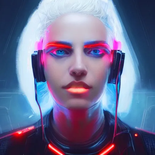 Image similar to A beautiful painting of a cyberpunk space jocky, girl with white hair fire red eyes sensual stare, Trending on artstation. augmentations and cybernetic enhancements neon circuits, greg rutkowski , hyperrealist, cinema4D, 8k highly detailed ❤️‍🔥 🔥 💀 🤖 🚀